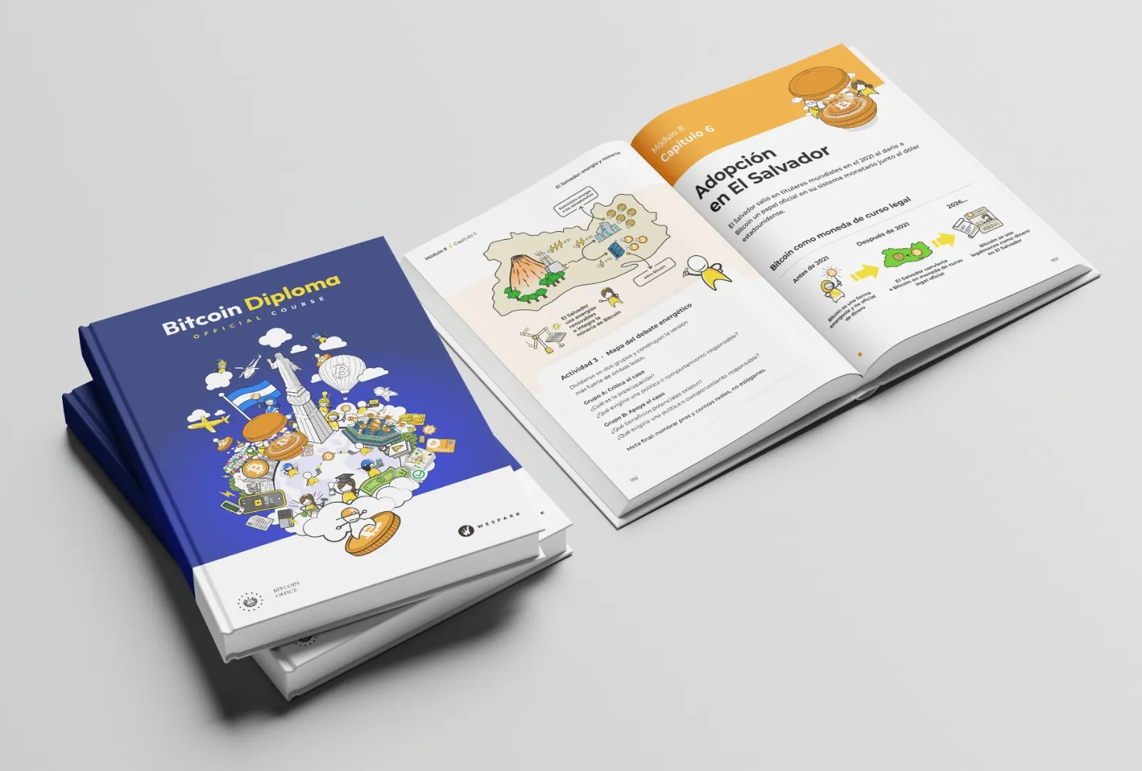 The Bitcoin Diploma 2.0 book designed by WeSpark for El Salvador, open and closed